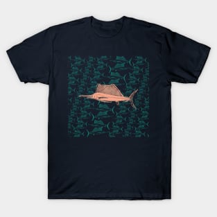 Swordfish Peach Green Dark Blue Default Background Fishing Pattern T-Shirt